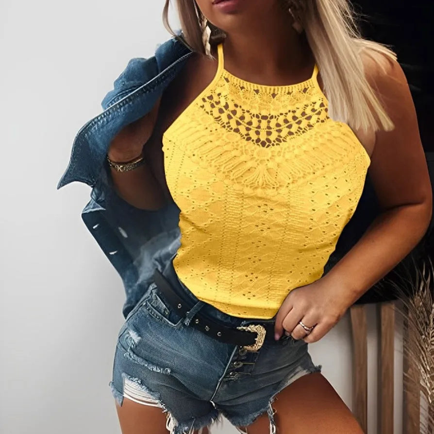Women's summer sleeveless halter top with lace detail in solid colour, polyester fabric, available in Black, White, Green, Yellow, Pink