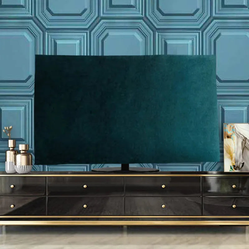 Velvet fabric TV cover with national style pattern, shown in light blue colour for a flat-screen television.