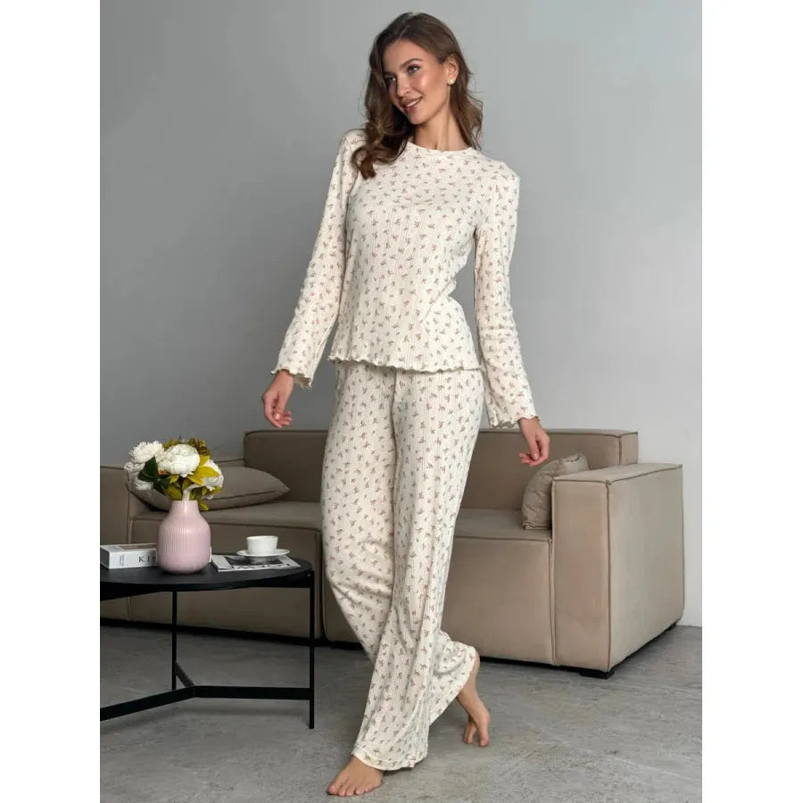 Women's white floral print matching set with bell sleeve top and wide leg trousers