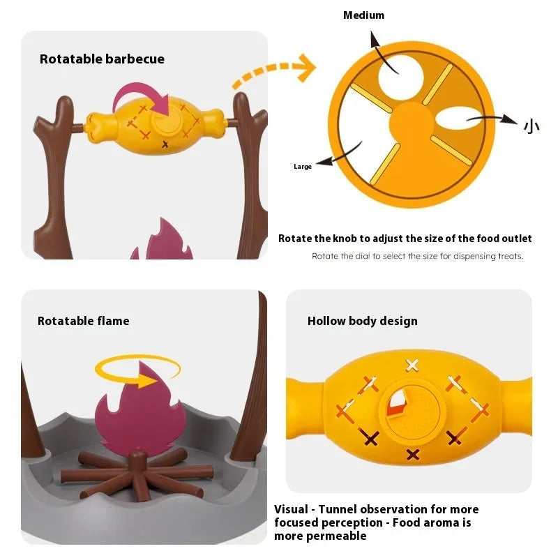 Large barbecue-themed tumbling cat feeder toy for slow feeding and play.