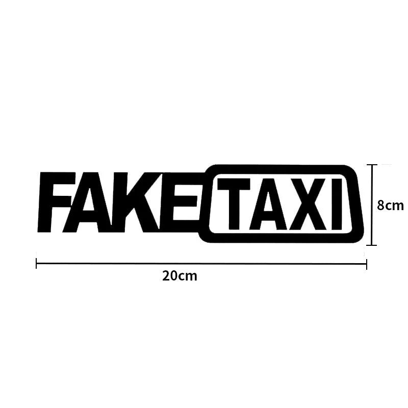 FAKE TAXI car warning sticker in yellow, black and white colour options measuring 20 by 8 centimetres