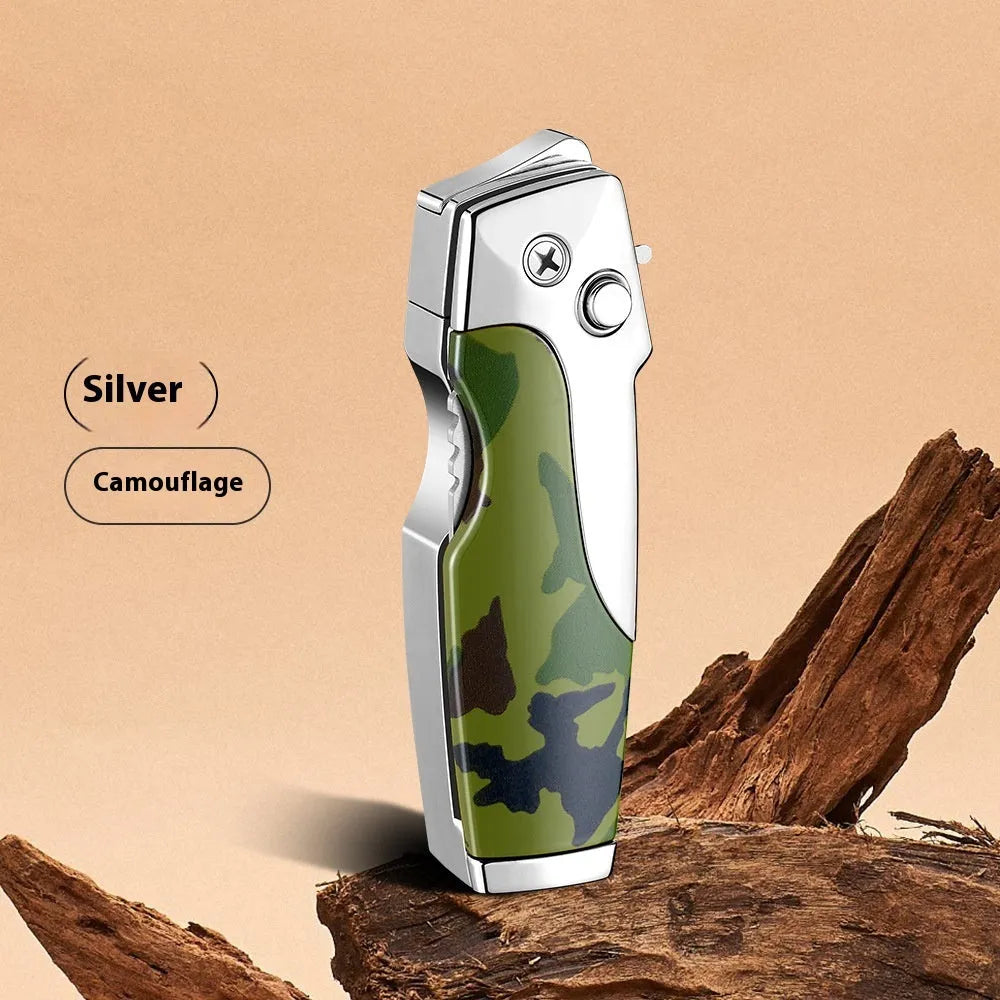 Metal folding lighter with integrated pocket knife tool in a wood grain finish.