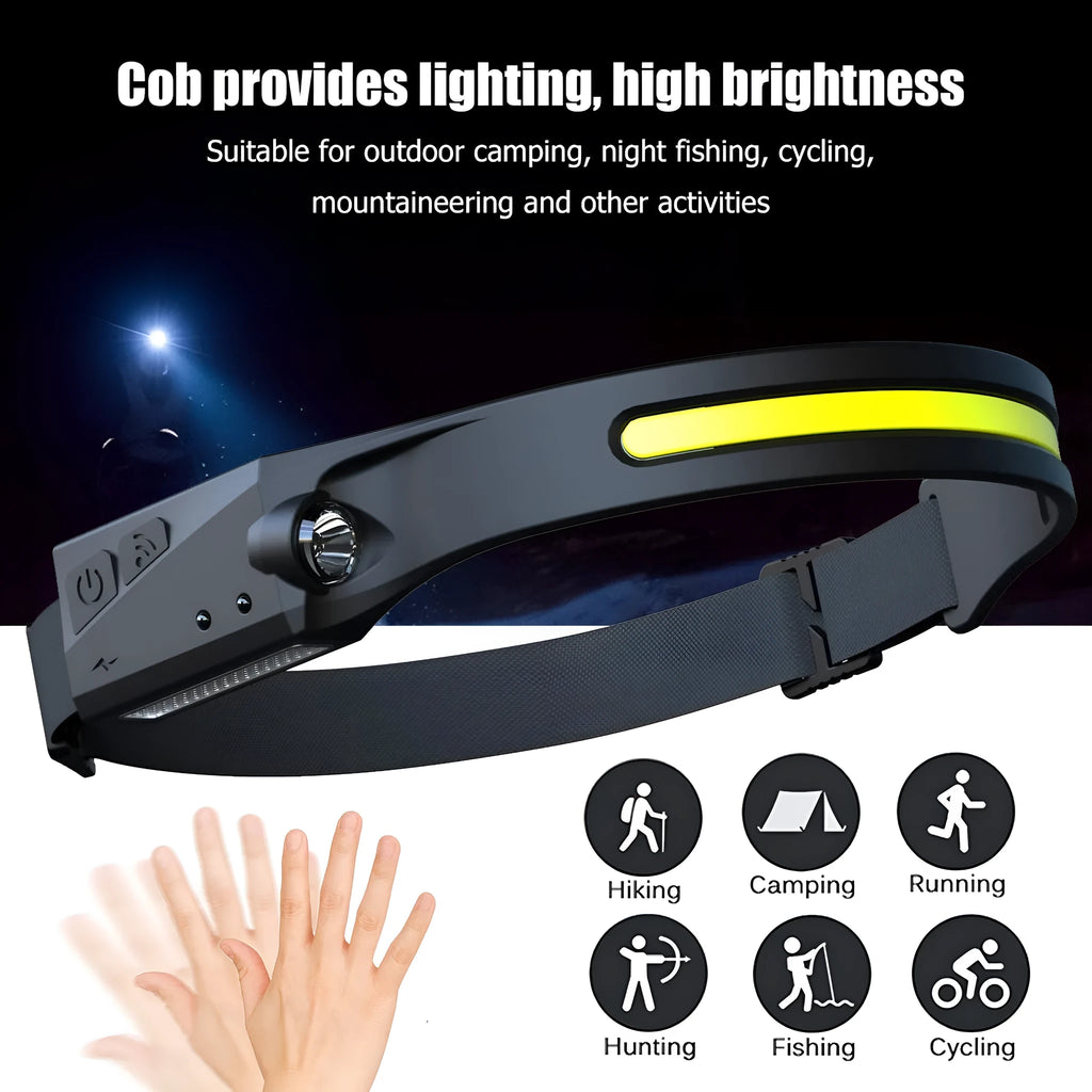 COB LED induction headlamp with wide beam and side LED for long-distance lighting, USB rechargeable, silicone build
