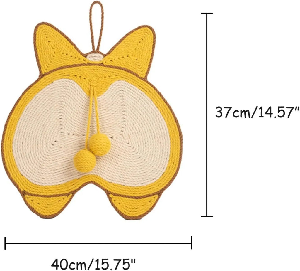 Yellow cat scratching pad with Corgi dog butt design, made from natural sisal with anti-slip base.