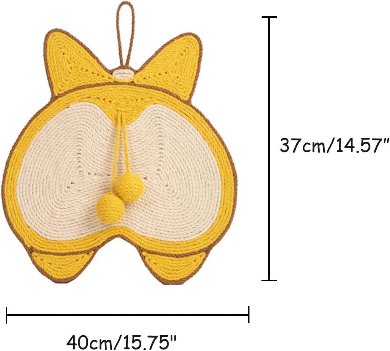 Yellow cat scratching pad with Corgi dog butt design, made from natural sisal with anti-slip base.