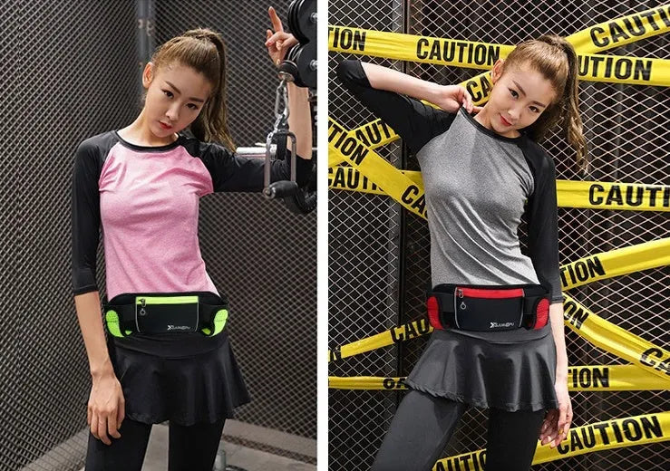 Outdoor sports running belt with diving material, 32x12cm, black colour, showing two pockets for kettle and mobile phone