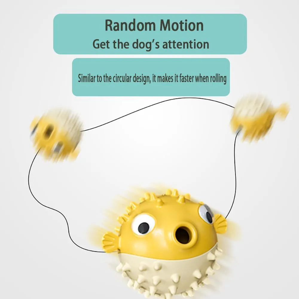 Green fish-shaped interactive dog toy with treat dispensing capability and raised surface particles