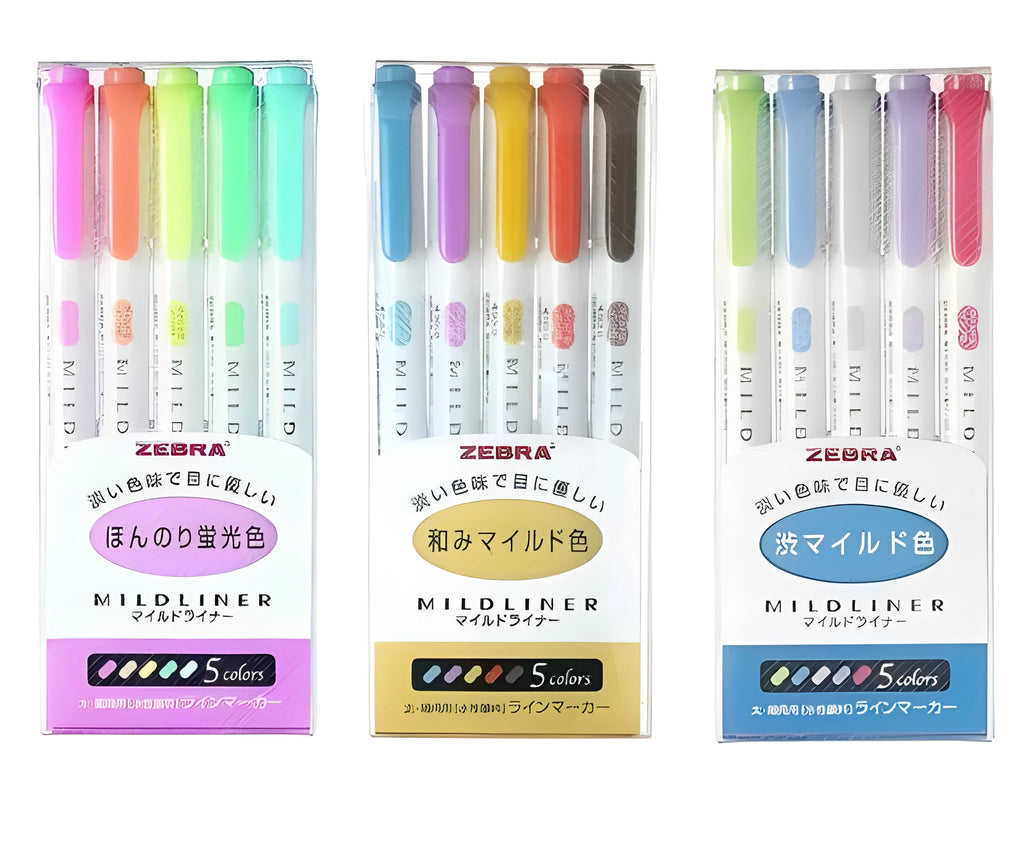 Five Zebra Mildliner double-sided highlighters with softly-coloured water-based ink, chisel and fine bullet tips, in a set