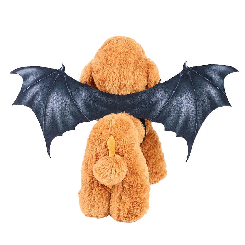 Black cloth bat wings pet Halloween costume showing three wing size options for dogs and cats