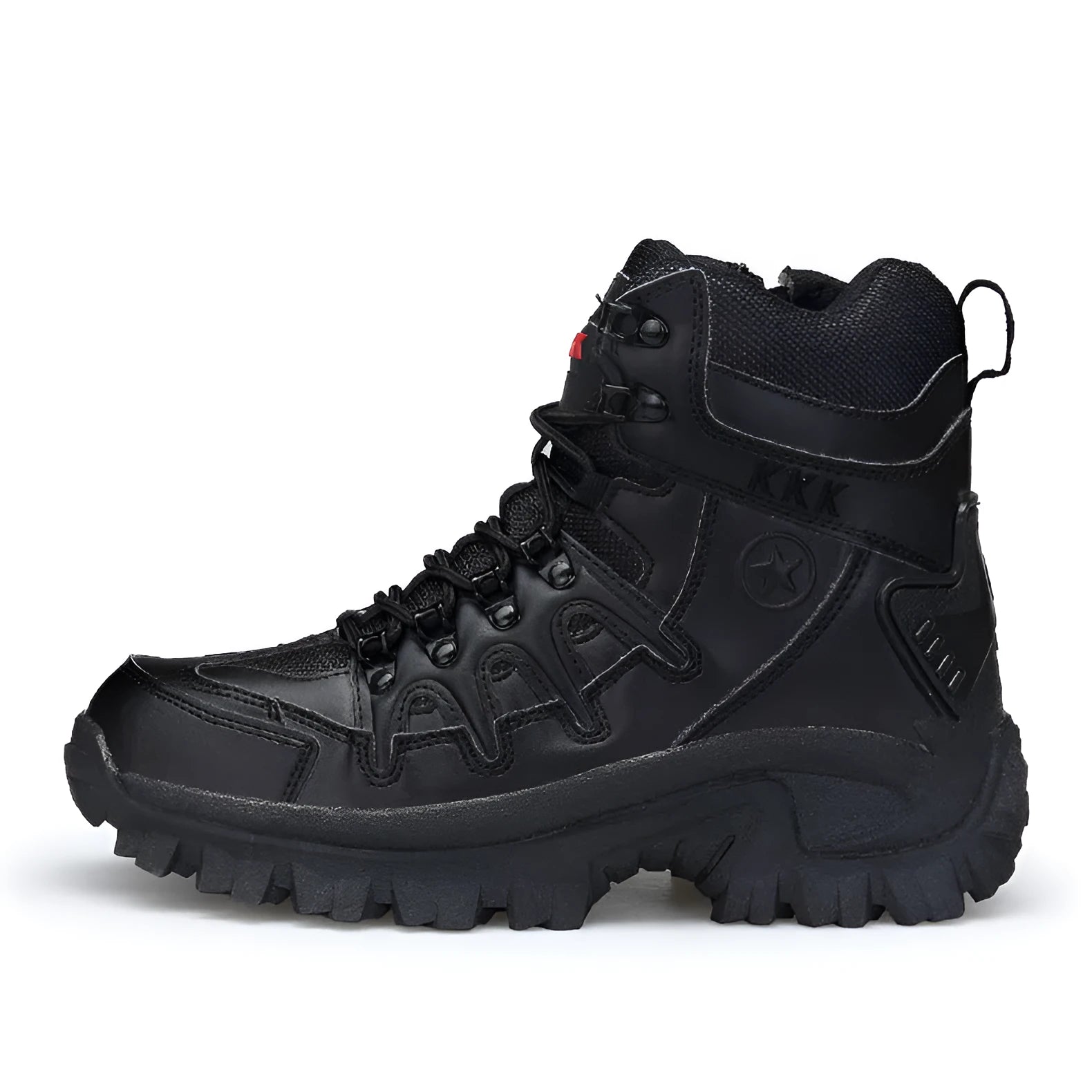 Men's black US Army Delta tactical boots with rubber sole and velvet leather upper on a rocky outdoor surface.