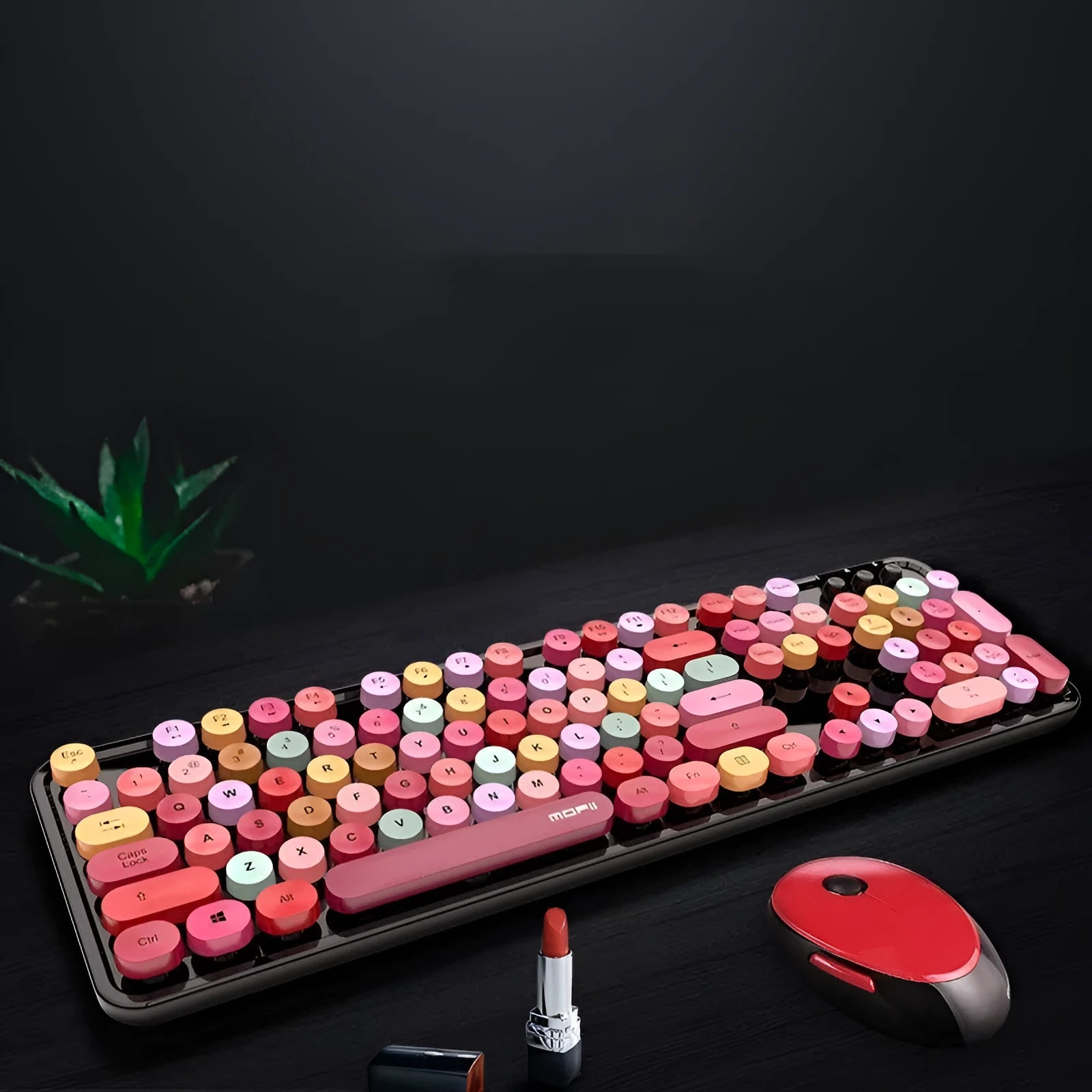 Wireless keyboard and mouse set in Sweet lipstick mixed colour with full-size layout and USB receiver