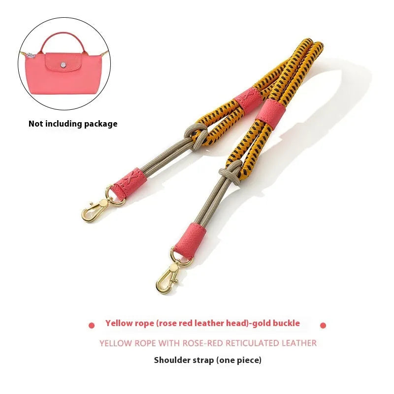 Braided nylon and cowhide leather crossbody strap with alloy buckle in gold or silver finish