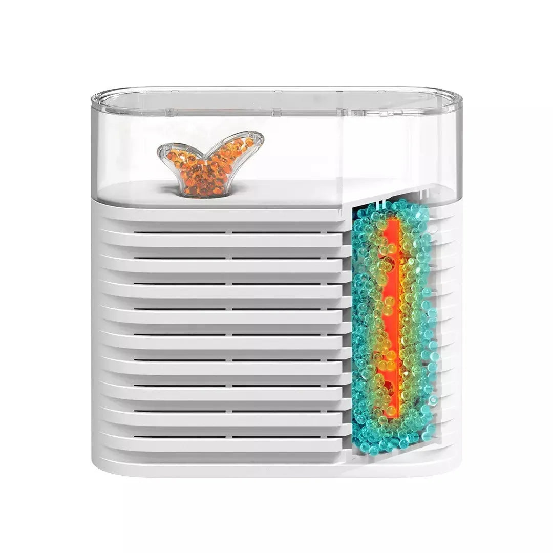 White reusable cabinet dehumidifier box with transparent top showing colour-change indicator