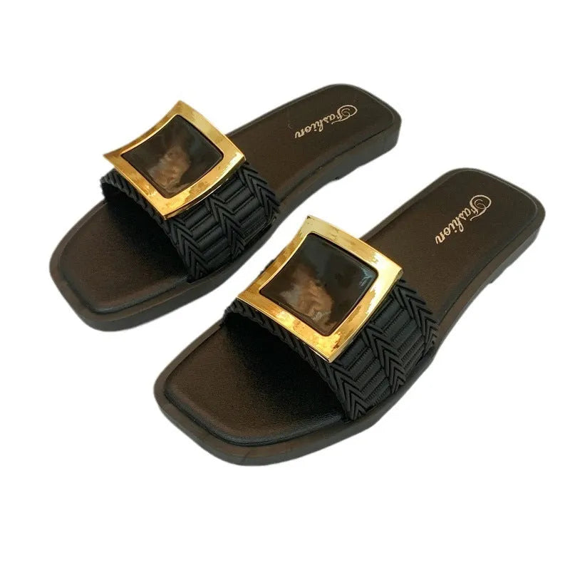 Women's flat summer slippers in apricot colour with a non-slip PVC sole.