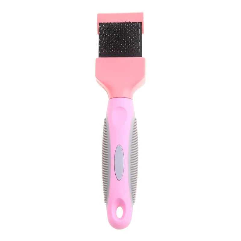 Blue double-sided pet brush with stainless steel pins and ergonomic handle on a white background