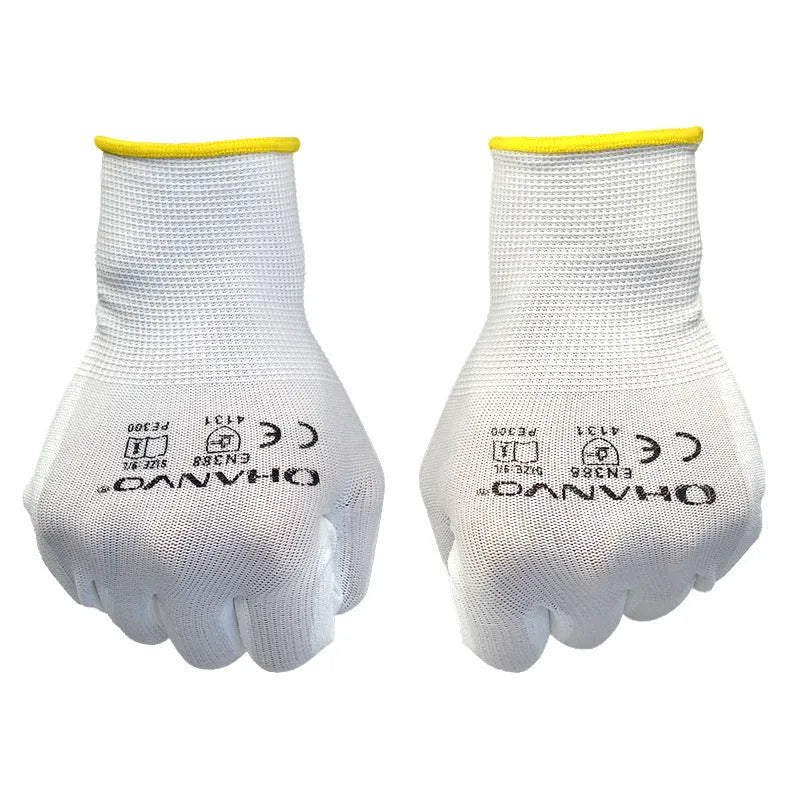 White PU coated work gloves showing palm coating detail, laid flat to display 24 cm length and L/M size labels