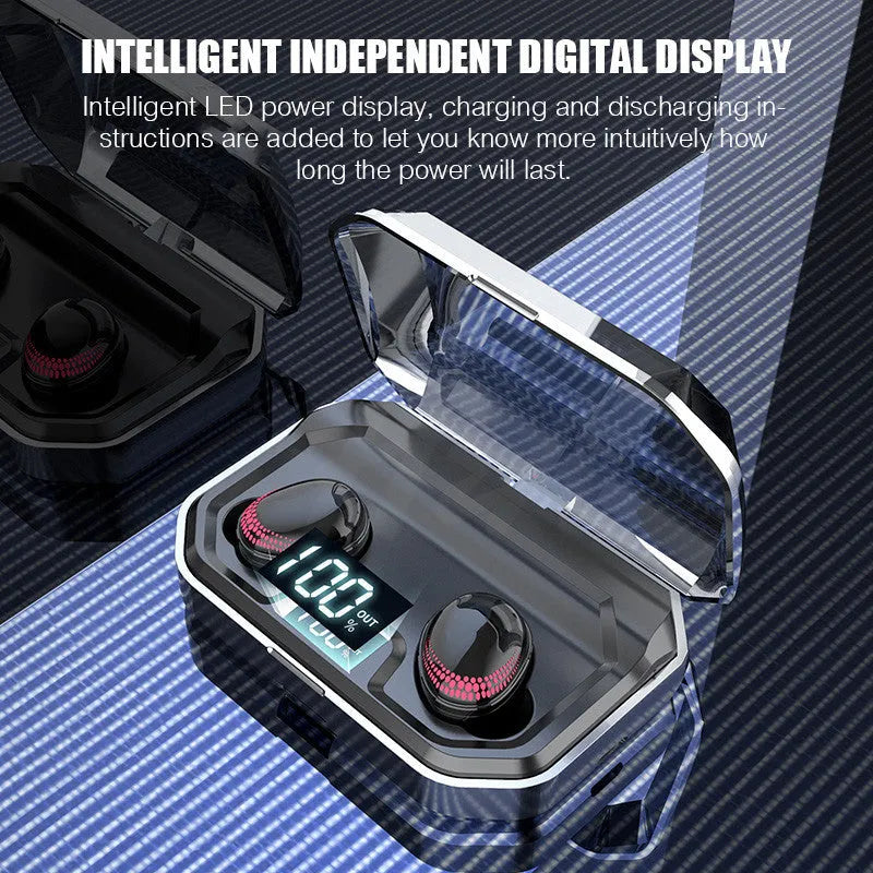 Black X10 Bluetooth wireless earbuds with charging case showing 8-hour call time specification