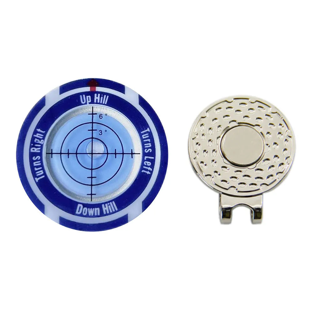 Golf level hat clip with bubble vial and position mark, shown in multiple colour variations.