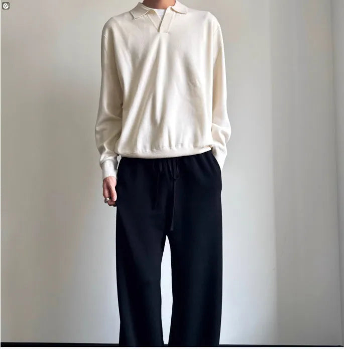 Pure wool lapel collar polo sweater in loose fit pullover style, available in Milky White or Navy Blue