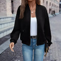 Black women's zip jacket with long sleeves for casual autumn winter wear