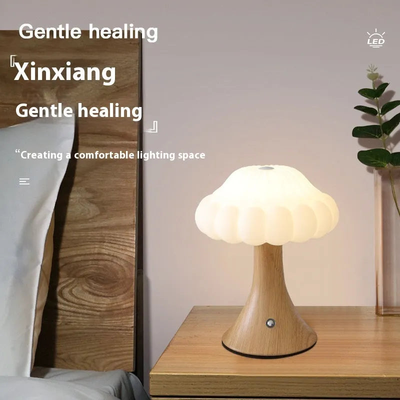 Mushroom-shaped touch control night light with USB charging port in five colour options