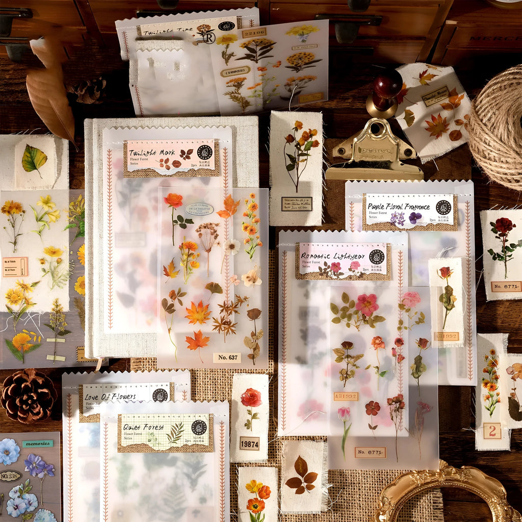 Huazhisen series printable sticker pack with forest and floral art designs on 85mm by 180mm sheets.