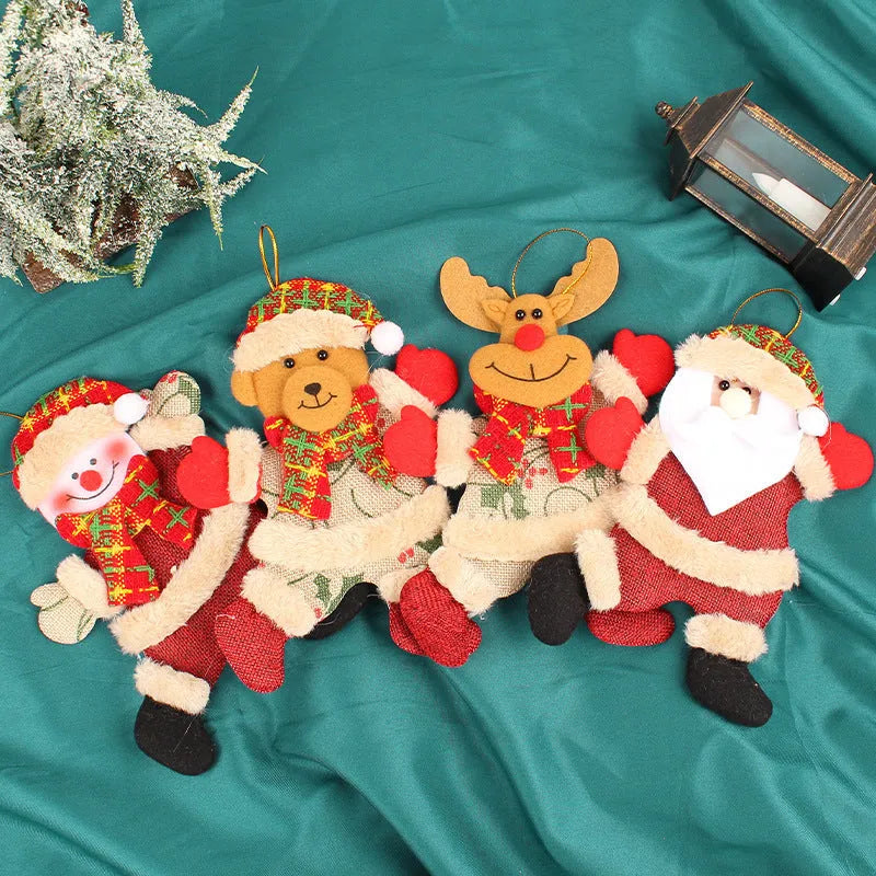 Set of four Christmas tree ornaments Santa snowman reindeer and bear figures with red white scarves golden balls red bows