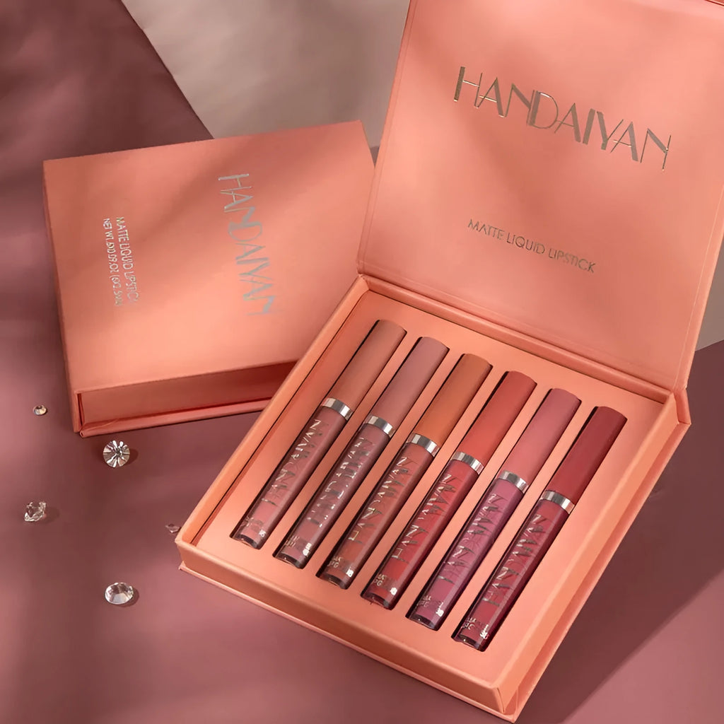 HANDAIYAN non-sticky matte liquid lipstick set gift box with six assorted shades and high-shine gloss