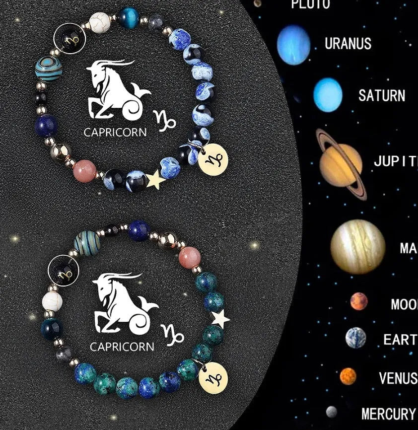 Set of twelve beaded bracelets for each zodiac sign with natural stone and crystal beads.