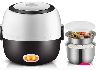 USB-powered electric lunch box showing two-layer and three-layer food container options
