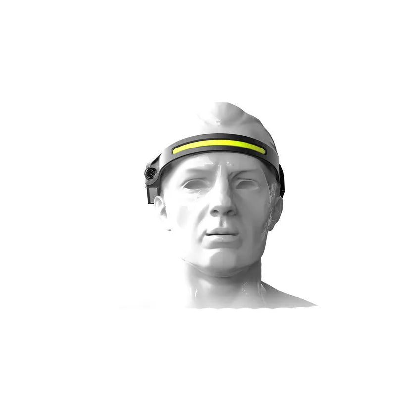 COB LED induction headlamp with wide beam and side LED for long-distance lighting, USB rechargeable, silicone build