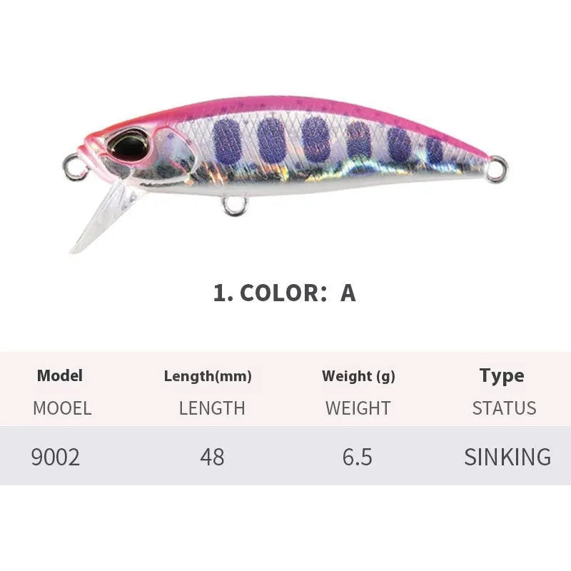 48mm submerged mino fishing lure for mandarin fish and snakehead in various colours