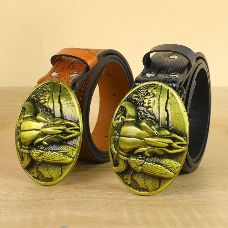 Men's imitation leather belt with electroplated cow head alloy buckle, 125 cm length