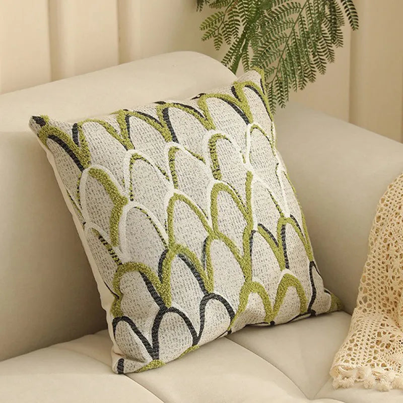 45cm square Jacquard cushion cover with Nordic plant and flower pattern in a retro colour.