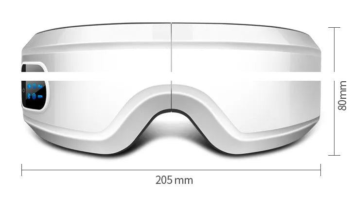 Black rechargeable eye massager with LCD screen, adjustable headband, and Bluetooth music player showing air pressure and hot compress functions