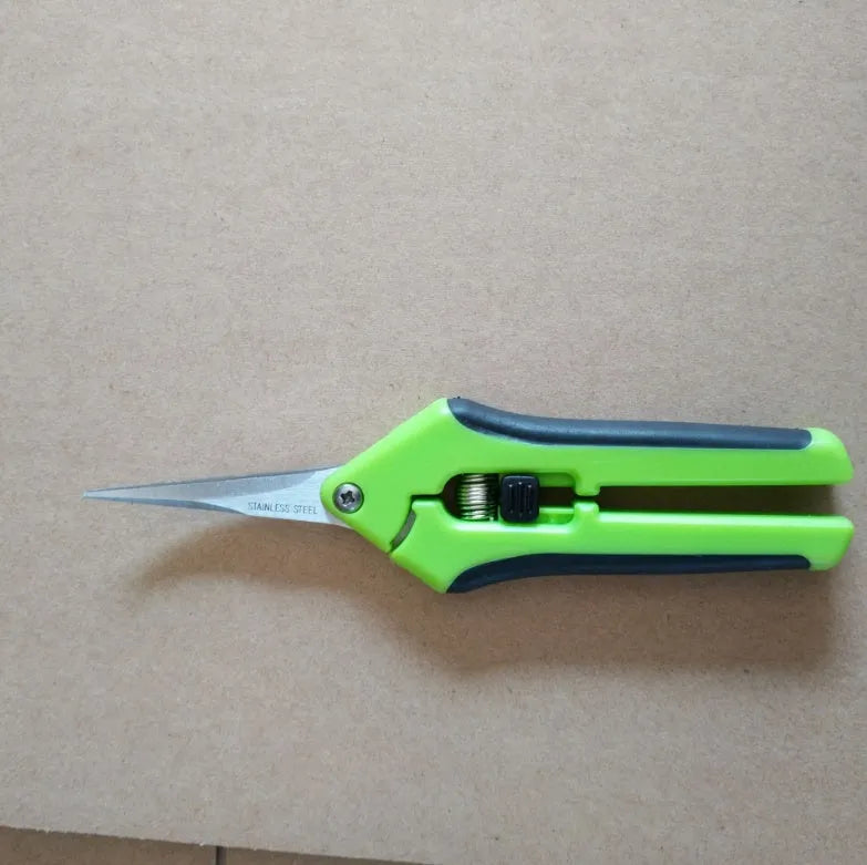 Pair of green stainless steel pruning gardening scissors 16.5 cm long on white background