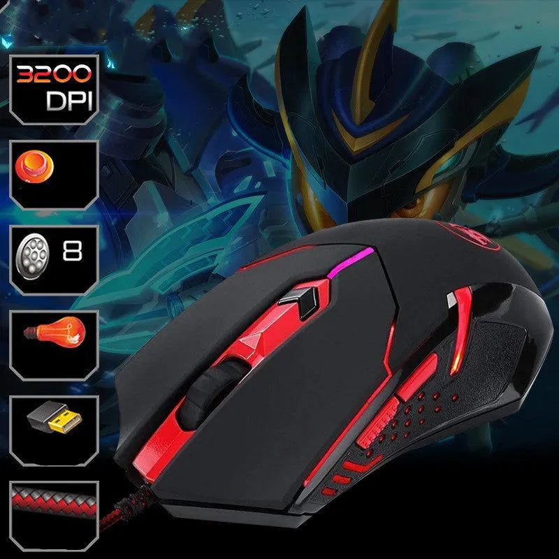 Black and red wired USB gaming mouse with six buttons on an office desk.
