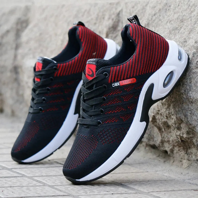 Men's breathable mesh air cushion running shoes in black – low top woven upper on rubber sole