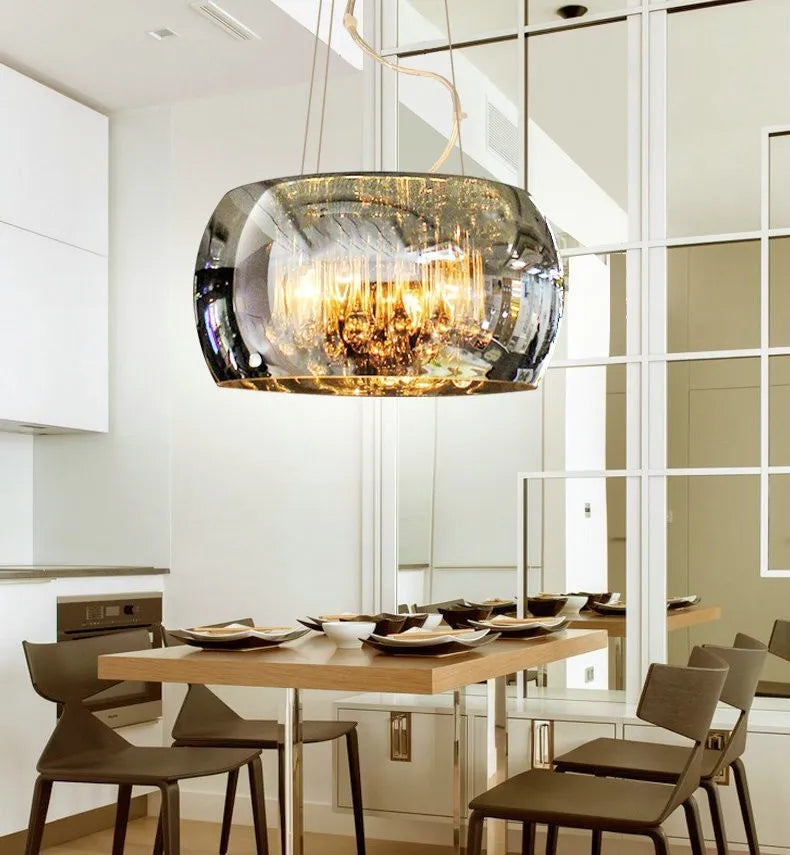 Modern minimalist LED chandelier with smoky gray glass cover, 400mm size, for living room