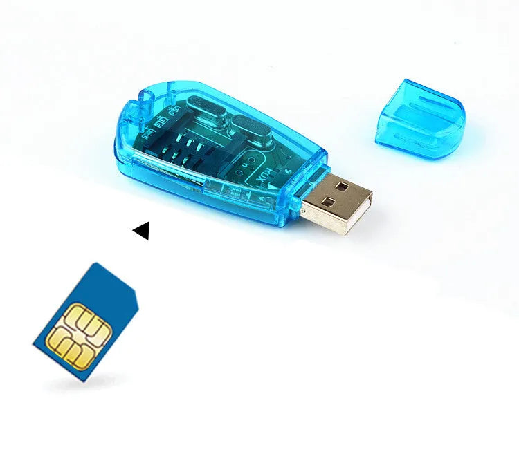 Blue coloured USB SIM card reader for mobile phone data transfer and backup.