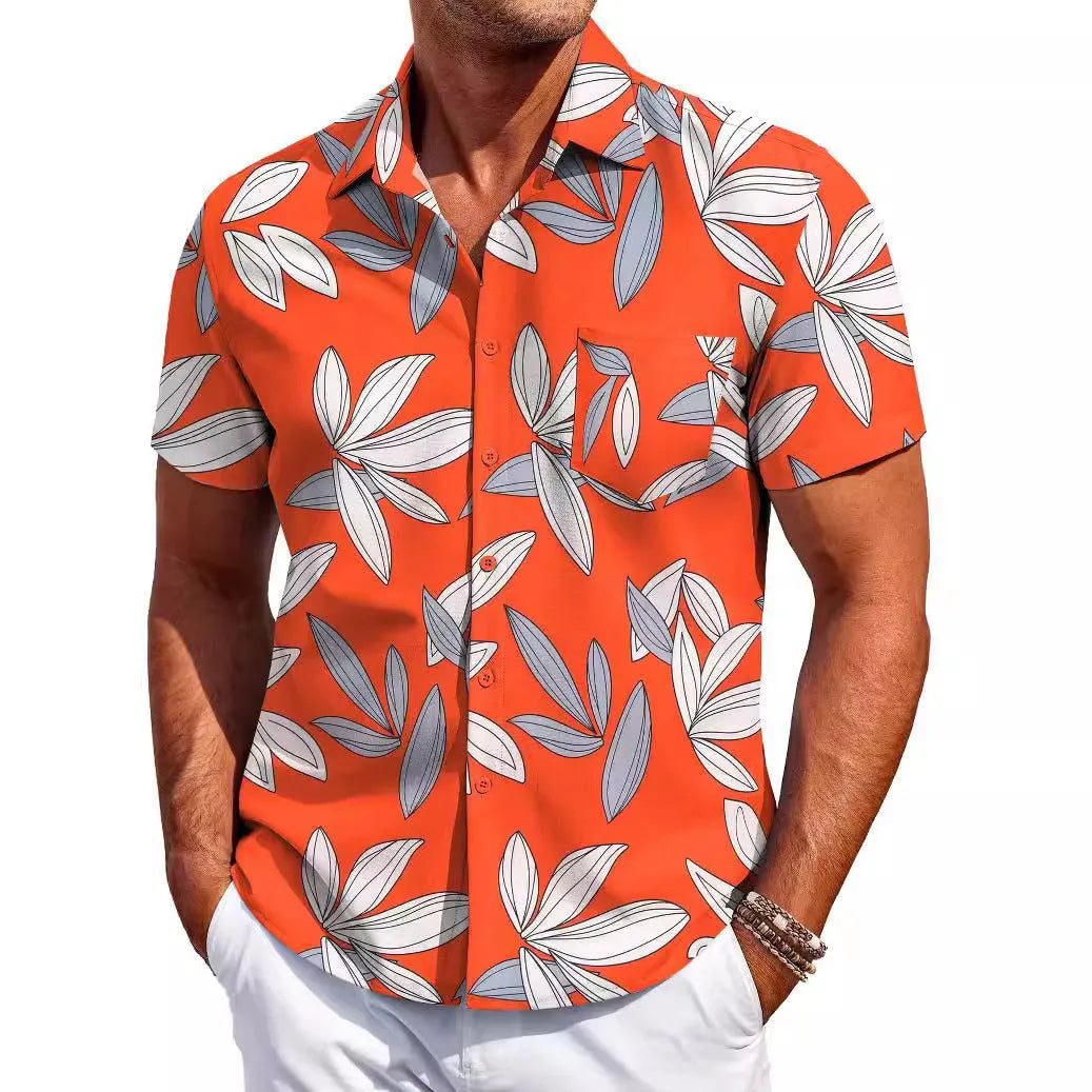 Men's slim fit Hawaiian short sleeve shirt in elastic polyester fabric.