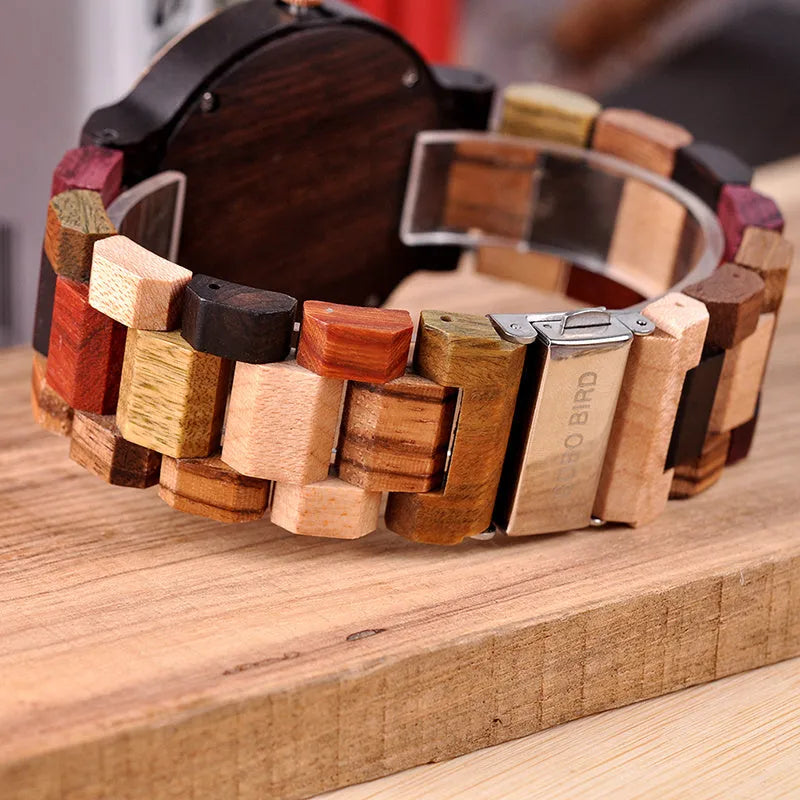 BOBO BIRD Q13 men's wooden watch black red natural wood case 44mm