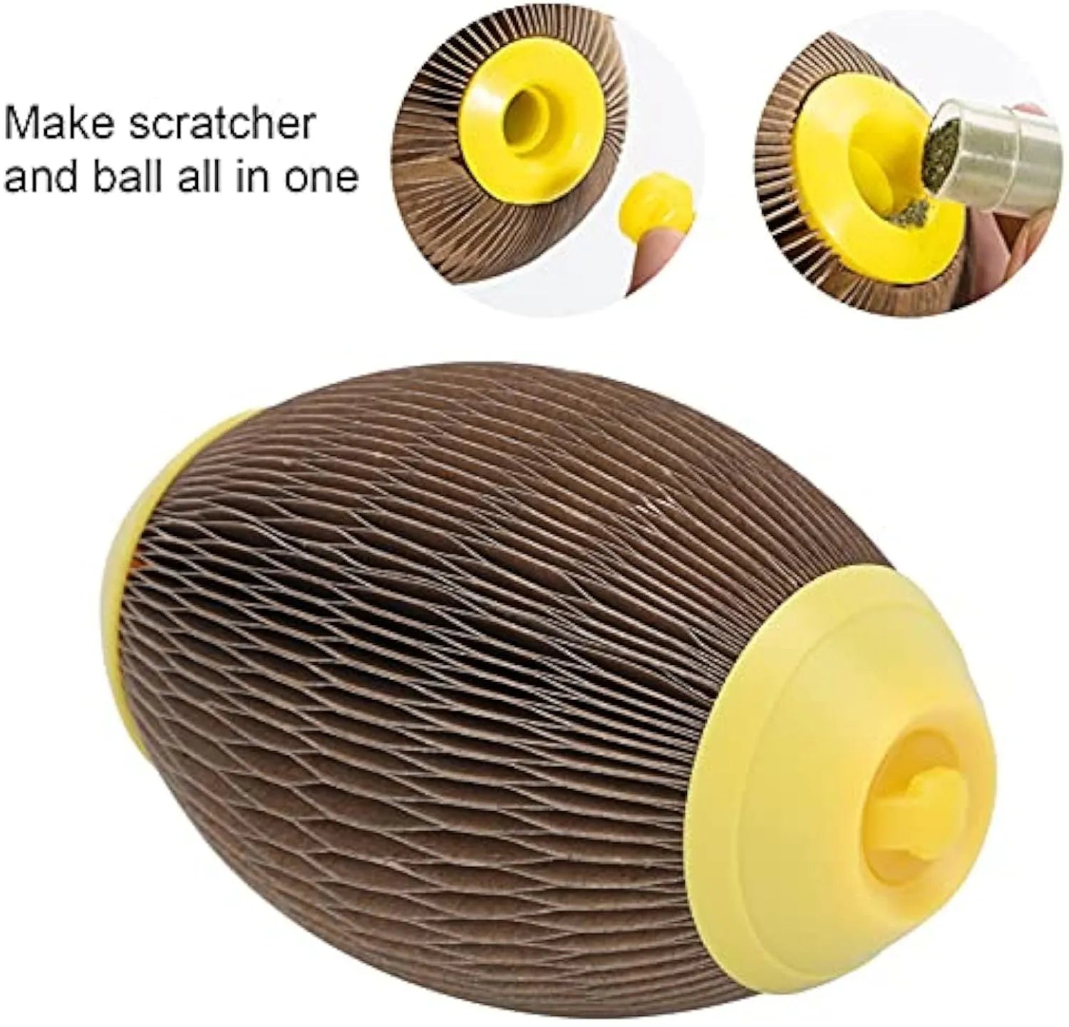 Elliptical corrugated paper catnip football toy measuring 65x108mm