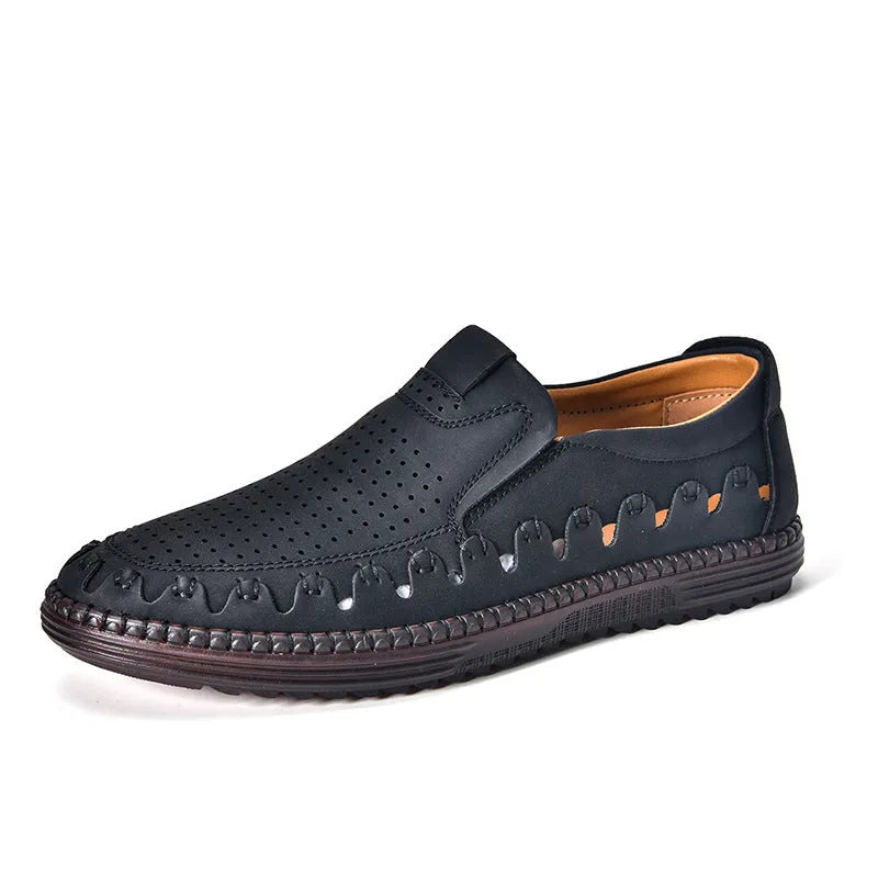 Men's brown slip-on casual leather shoes with round toe and flat heel on a white background.