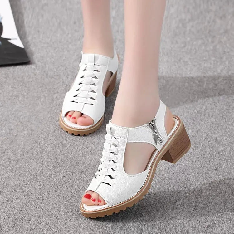 Women's retro sandals with side zip, mid heel, in black, creamy white, and white colours