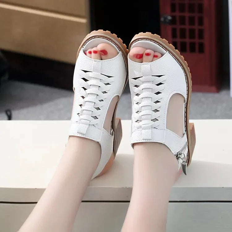 Women's retro sandals with side zip, mid heel, in black, creamy white, and white colours