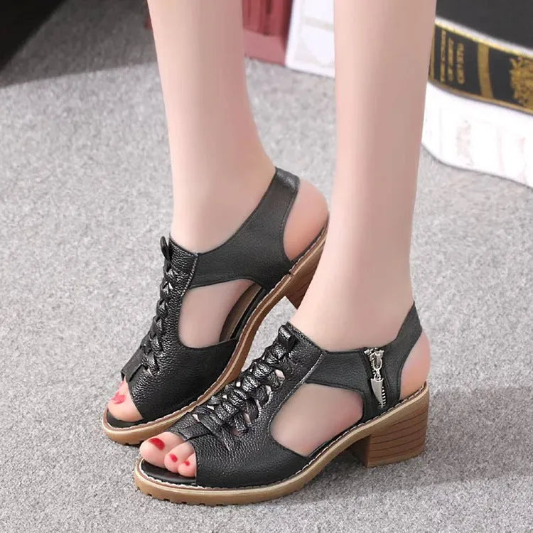 Women's retro sandals with side zip, mid heel, in black, creamy white, and white colours