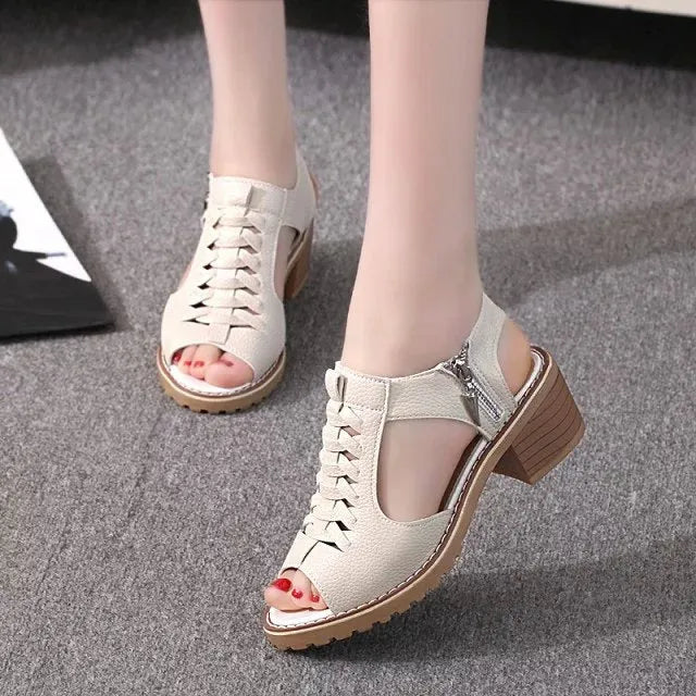 Women's retro sandals with side zip, mid heel, in black, creamy white, and white colours