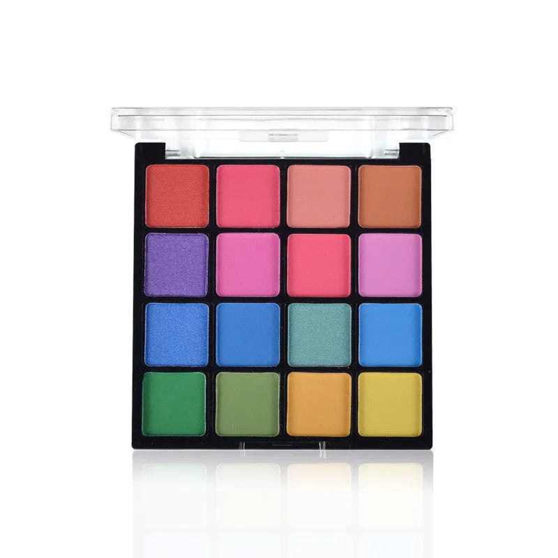 16 colour pearlescent eyeshadow palette in compact plastic case, 9.5 x 9.2 x 1.1 cm