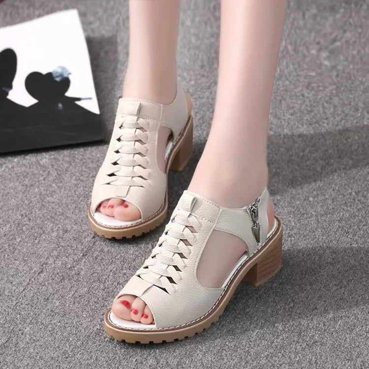 Women's retro sandals with side zip, mid heel, in black, creamy white, and white colours